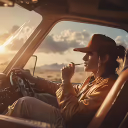 the woman is driving in her truck at sunset