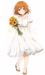 a young woman in white dress holding flowers
