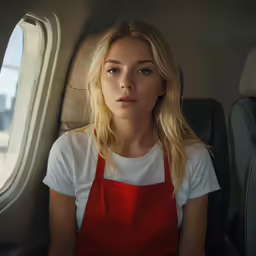 a beautiful blonde woman wearing a red bib