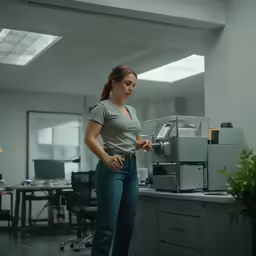 woman in office setting with a printer on table