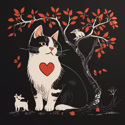 there is a cat sitting under the tree next to a bird