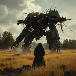a person with a hoodie standing in front of a huge robot