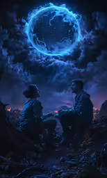 two men sitting and watching something in the sky