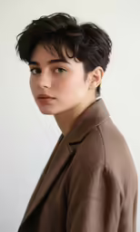 a woman with short hair is wearing a jacket