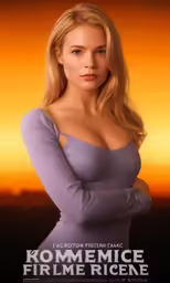 an attractive blond woman wearing blue clothes poses in front of a sunset