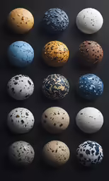 various speckled rocks arranged on a black surface