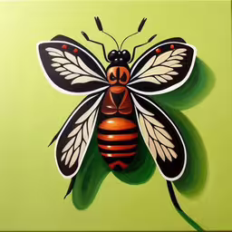 a colorful painted insect on a green background,a painting of a insect on a green wall