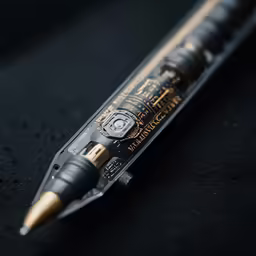 a pen with metal tip resting on a black background