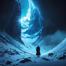 a man in a dark room surrounded by mountains and a stream