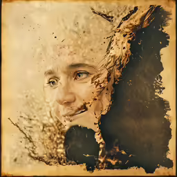 the girl looks at her self through the water