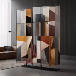 the modern mirrored cabinet is next to a couch
