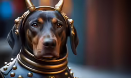 dog wearing an unusual gold headpiece and leather armor