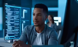 a man sits in front of a computer with code files on the screen