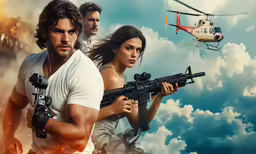 two men and one woman are standing in front of a helicopter with guns