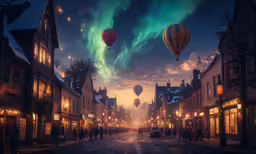 hot air balloons rise above the town streets at night