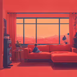 the boy is sitting on the couch in the living room,a painting of a young boy looking out of a large window with an orange sofa