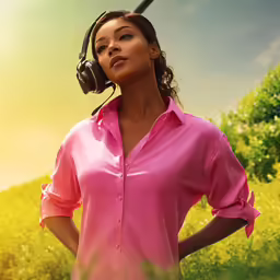 a woman standing in a field with headphones on