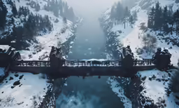 a snowy landscape that looks like it is going across a bridge