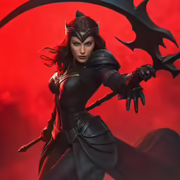 a female hero is standing and holding two sword