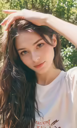 young woman with long dark hair posing for photograph