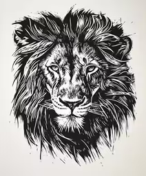 a lion drawn in black on white paper,a black and white lion print is on a wall