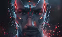a man with a weird helmet stares ahead