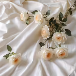 a bouquet of flowers laying on a white sheet