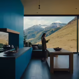 a woman standing at a kitchen counter looking out a window