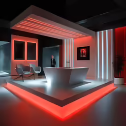 a brightly lit room with chairs, tables, and a counter