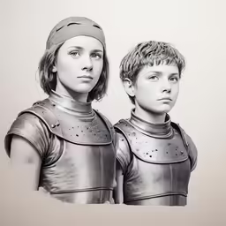 two people dressed in shiny clothes are facing the same direction