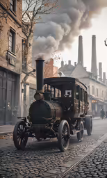 an antique truck is driving down a cobble stone road