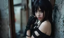 a woman in a black dress and gloves is leaning against a wall