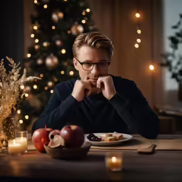 a person sits with their hands on his chin, eating food