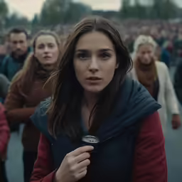a woman is standing out among others in the middle of a crowd