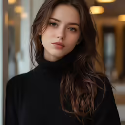 the woman is leaning on a window and posing for the camera