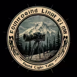 a camera in the middle of a circle with a mountain logo above it