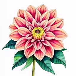 watercolor painting of a big flower on white paper,a big pink flower that is on top of a table,a large pink flower with green leaves,the colorful flower is blooming with green leaves,a drawing of a colorful flower with green leaves