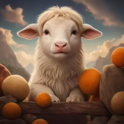 a goat standing on top of a pile of oranges