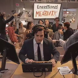 a young man in a suit is holding a piece of music