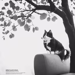 a cat is sitting on a chair underneath a tree