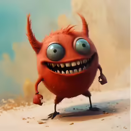 an angry looking red creature with large eyes
