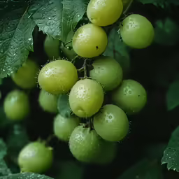 some grapes on a vine covered in water drops
