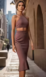 a woman in a brown top and skirt walks down a street