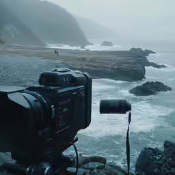 some rocks a camera an ocean and water