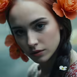 young woman with flower in hair wearing red dress