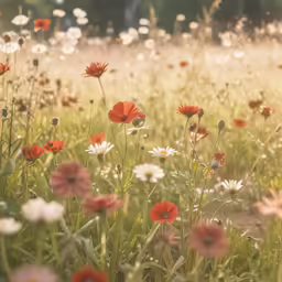 some white and red flowers in the middle of a field