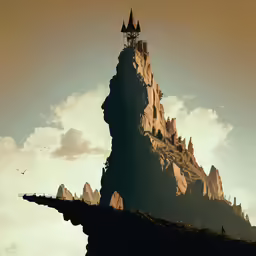 a castle sitting atop of a mountain, with people walking by