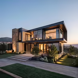 a modern house with multiple levels, a lawn and large windows at dusk