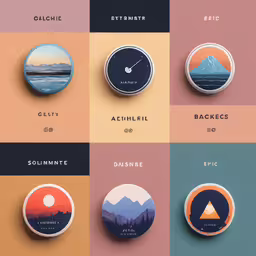 multiple button covers that appear to be from different countries,four badges showing different designs of mountains and lakes
