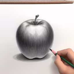 a hand draws on an apple, with a pencil,pencil drawing a silver colored apple with its outline displayed